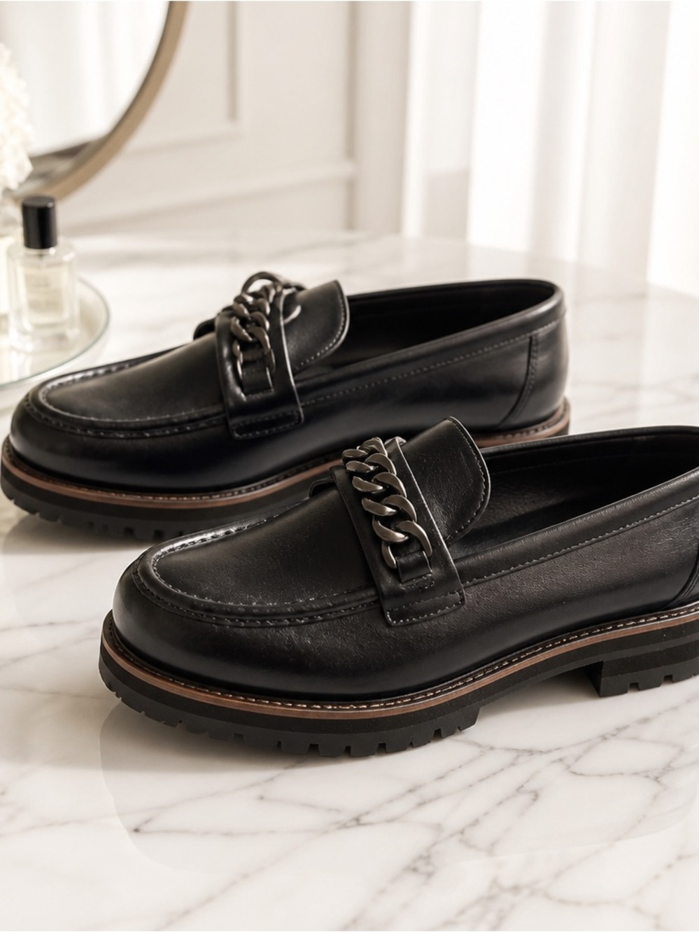 Clarks Black Leather Chain-Detail Women's Loafers